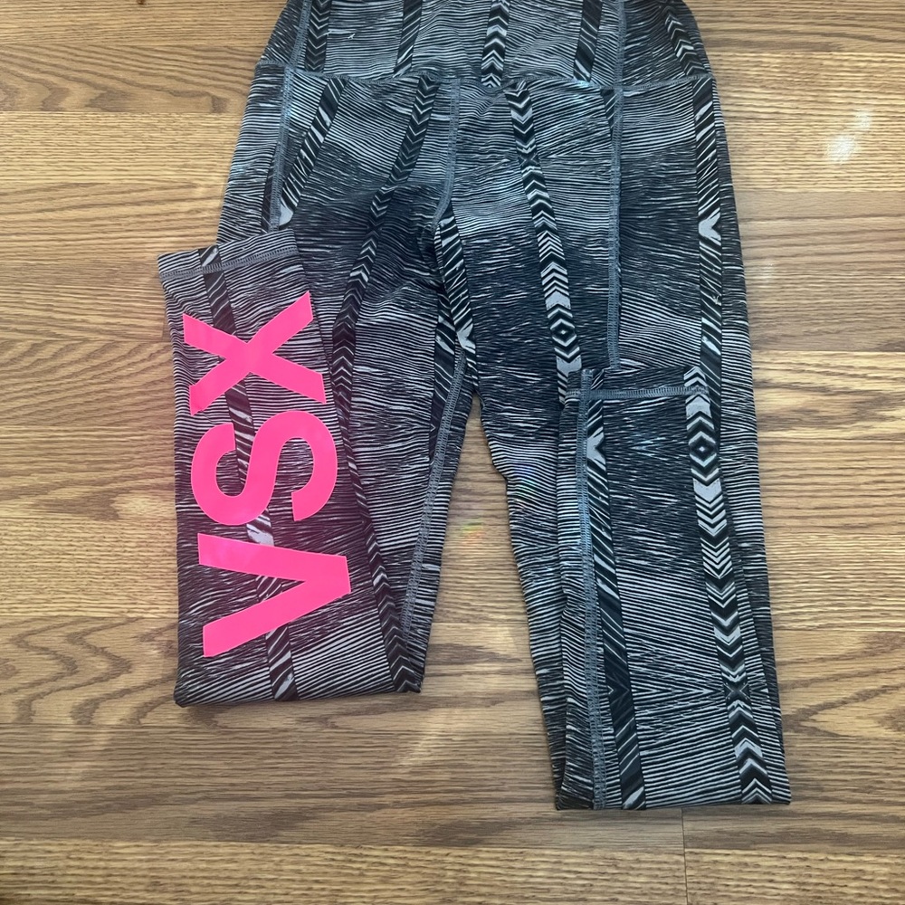 VSX Black and Gray Leggings with Abstract Pattern and Bright Pink Logo